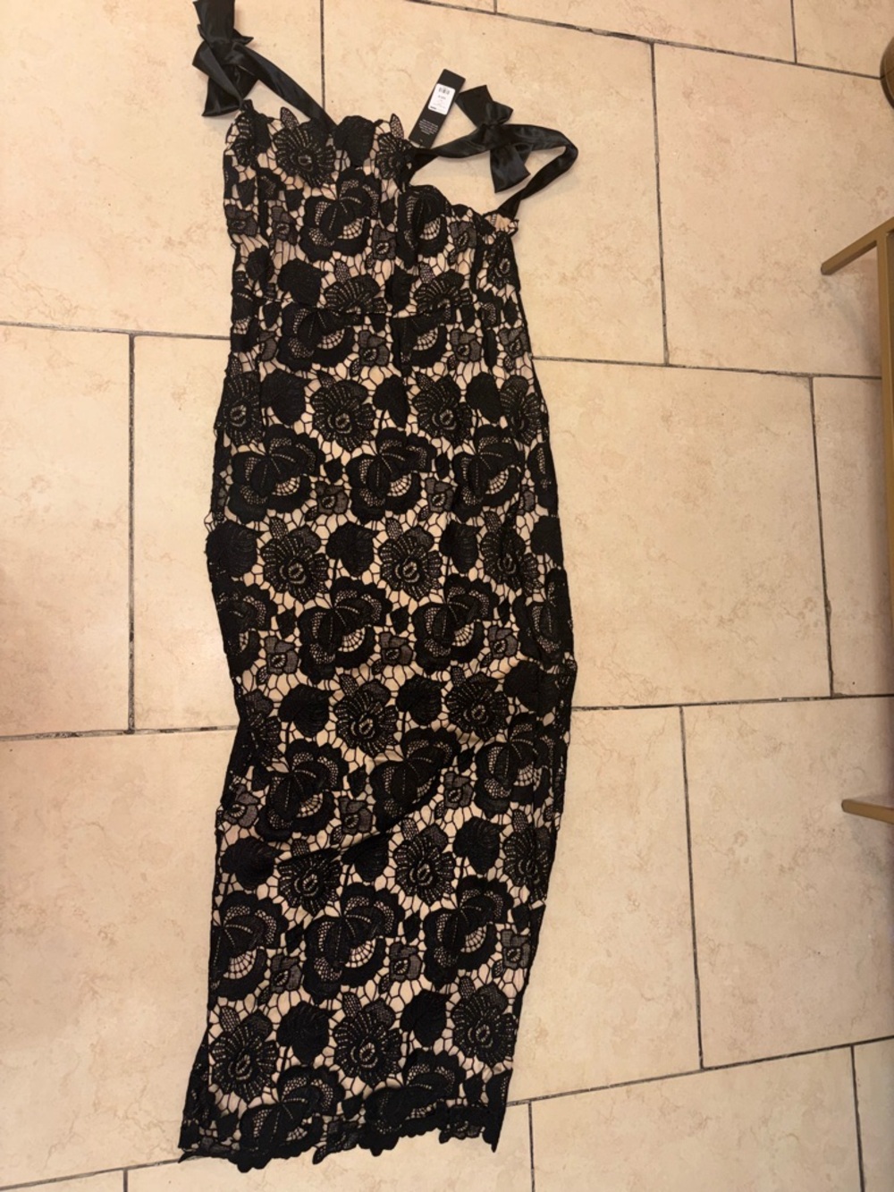 Fashion Nova Black Floral Lace Midi Dress with Nude Lining